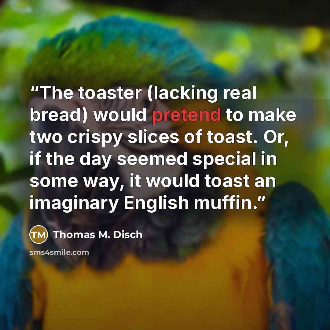 “The toaster (lacking real bread) would pretend to make two crispy slices of toast. Or, if the day seemed special in some way, it would toast an imaginary English muffin.” quote by Thomas M. Disch