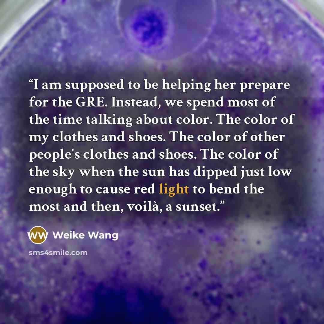 “I am supposed to be helping her prepare for the GRE. Instead, we spend most of the time talking about color. The color of my clothes and shoes. The color of other people's clothes and shoes. The color of the sky when the sun has dipped just low enough to cause red light to bend the most and then…” quote by Weike Wang