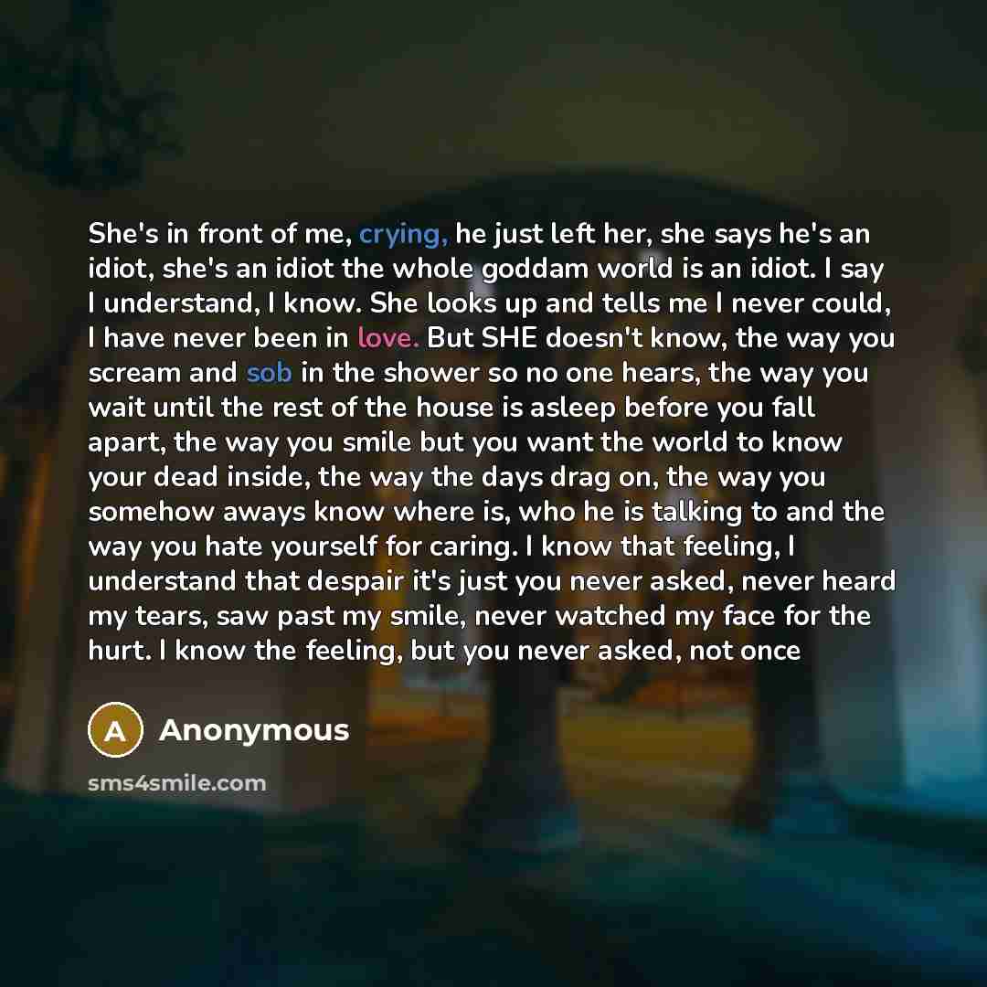 “She's in front of me, crying, he just left her, she says he's an idiot, she's an idiot the whole goddam world is an idiot. I say I understand, I know. She looks up and tells me I never could, I have never been in love. But SHE doesn't know, the way you scream and sob in the shower so no one hears…” quote by Anonymous