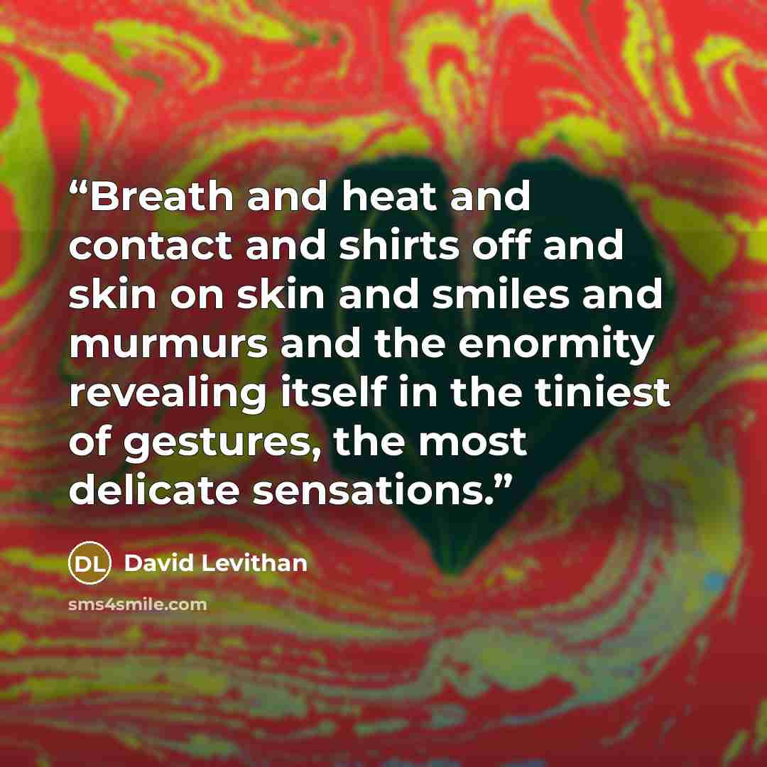 “Breath and heat and contact and shirts off and skin on skin and smiles and murmurs and the enormity revealing itself in the tiniest of gestures, the most delicate sensations.” quote by David Levithan