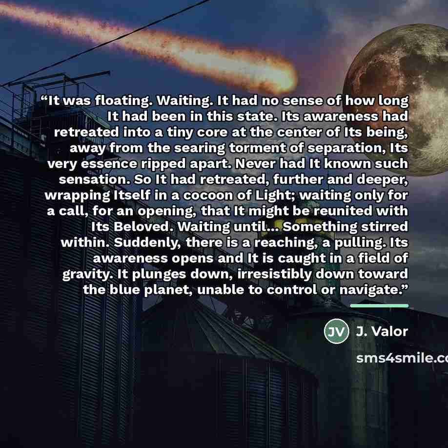 “It was floating. Waiting. It had no sense of how long It had been in this state. Its awareness had retreated into a tiny core at the center of Its being, away from the searing torment of separation, Its very essence ripped apart. Never had It known such sensation. So It had retreated, further and…” quote by J. Valor