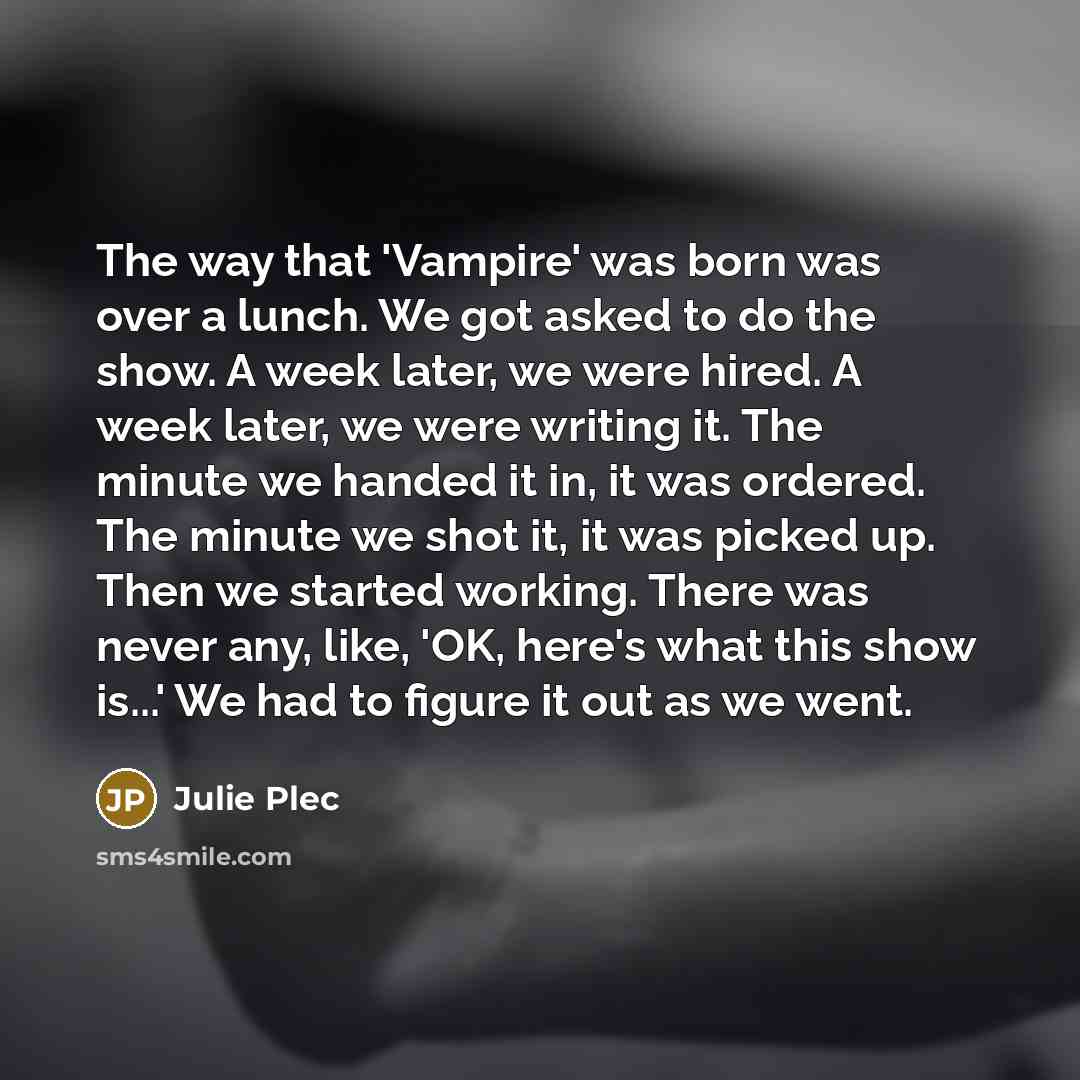 “The way that 'Vampire' was born was over a lunch. We got asked to do the show. A week later, we were hired. A week later, we were writing it. The minute we handed it in, it was ordered. The minute we shot it, it was picked up. Then we started working. There was never any, like, 'OK, here's what…” quote by Julie Plec
