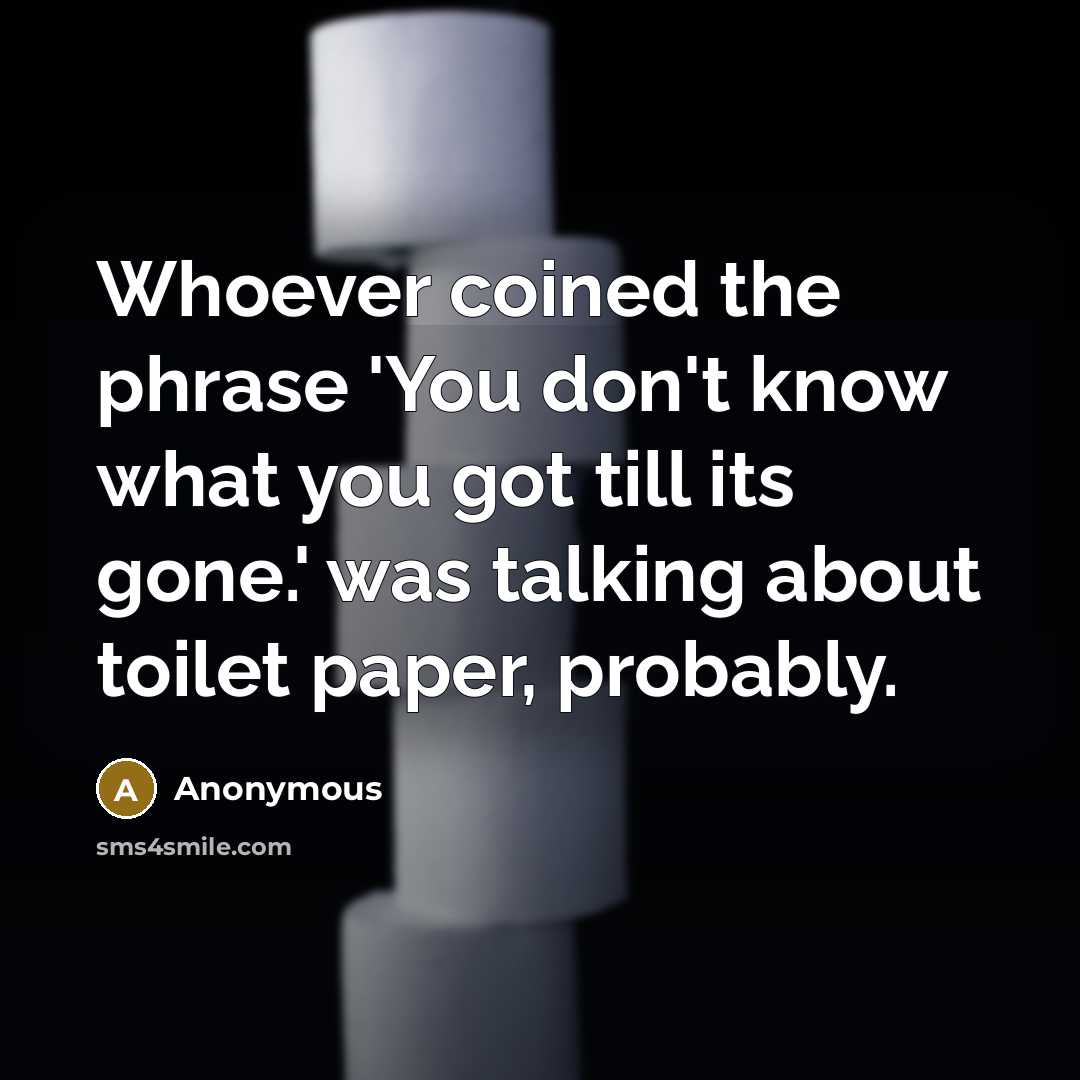 “Whoever coined the phrase 'You don't know what you got till its gone.' was talking about toilet paper, probably.” quote by Anonymous