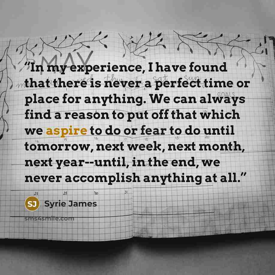 “In my experience, I have found that there is never a perfect time or place for anything. We can always find a reason to put off that which we aspire to do or fear to do until tomorrow, next week, next month, next year--until, in the end, we never accomplish anything at all.” quote by Syrie James