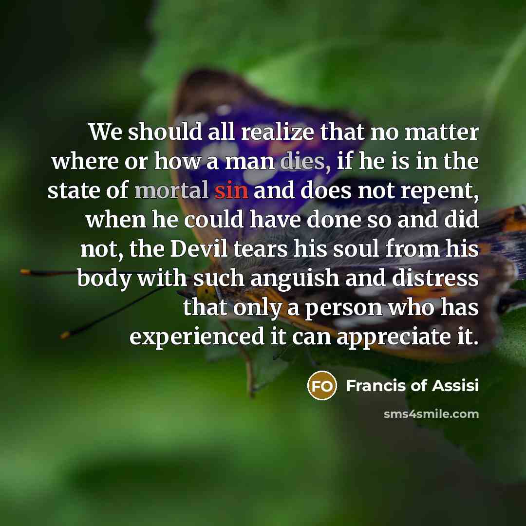 “We should all realize that no matter where or how a man dies, if he is in the state of mortal sin and does not repent, when he could have done so and did not, the Devil tears his soul from his body with such anguish and distress that only a person who has experienced it can appreciate it.” quote by Francis of Assisi