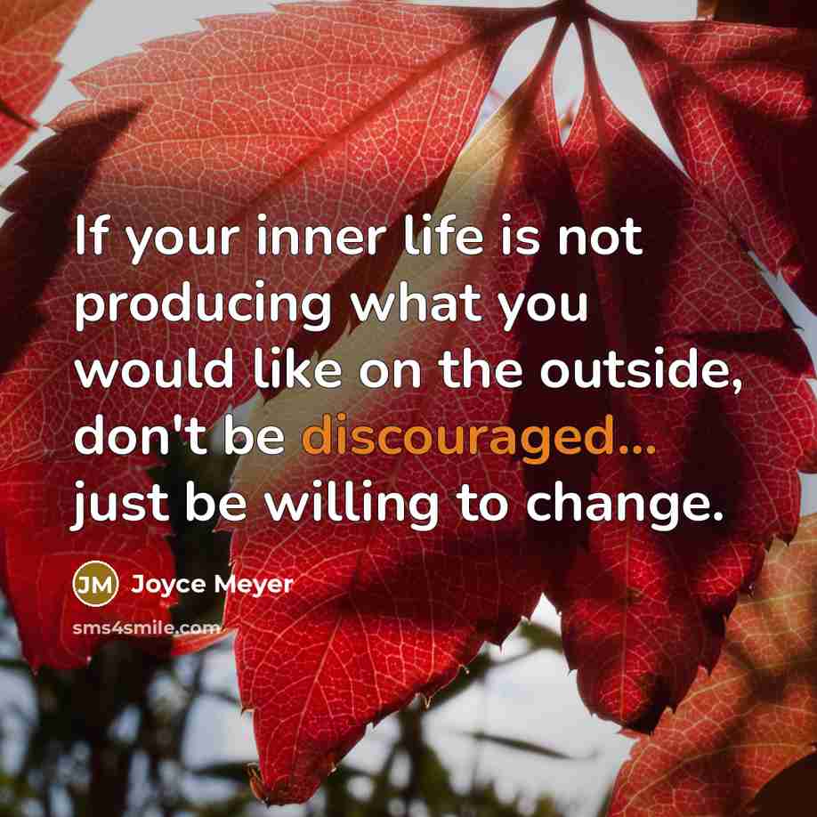 “If your inner life is not producing what you would like on the outside, don't be discouraged... just be willing to change.” quote by Joyce Meyer