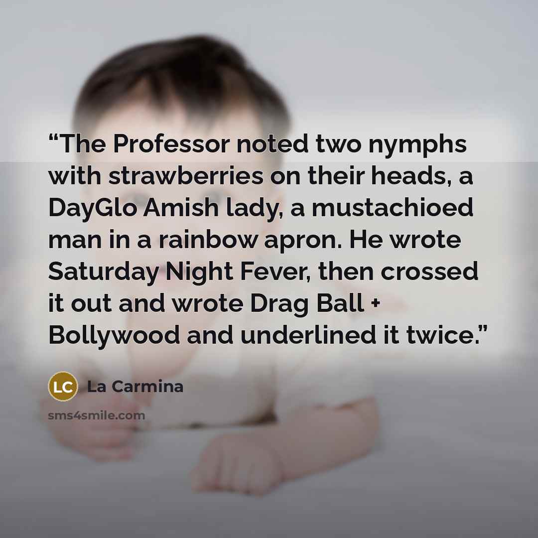 “The Professor noted two nymphs with strawberries on their heads, a DayGlo Amish lady, a mustachioed man in a rainbow apron. He wrote Saturday Night Fever, then crossed it out and wrote Drag Ball + Bollywood and underlined it twice.” quote by La Carmina