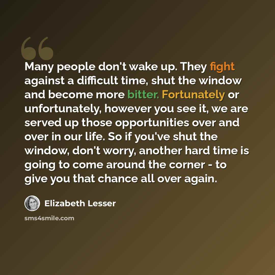 “Many people don't wake up. They fight against a difficult time, shut the window and become more bitter. Fortunately or unfortunately, however you see it, we are served up those opportunities over and over in our life. So if you've shut the window, don't worry, another hard time is going to come…” quote by Elizabeth Lesser