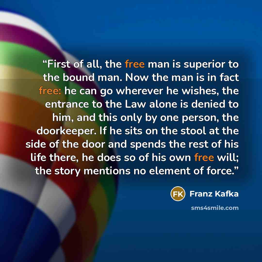 “First of all, the free man is superior to the bound man. Now the man is in fact free: he can go wherever he wishes, the entrance to the Law alone is denied to him, and this only by one person, the doorkeeper. If he sits on the stool at the side of the door and spends the rest of his life there, he…” quote by Franz Kafka