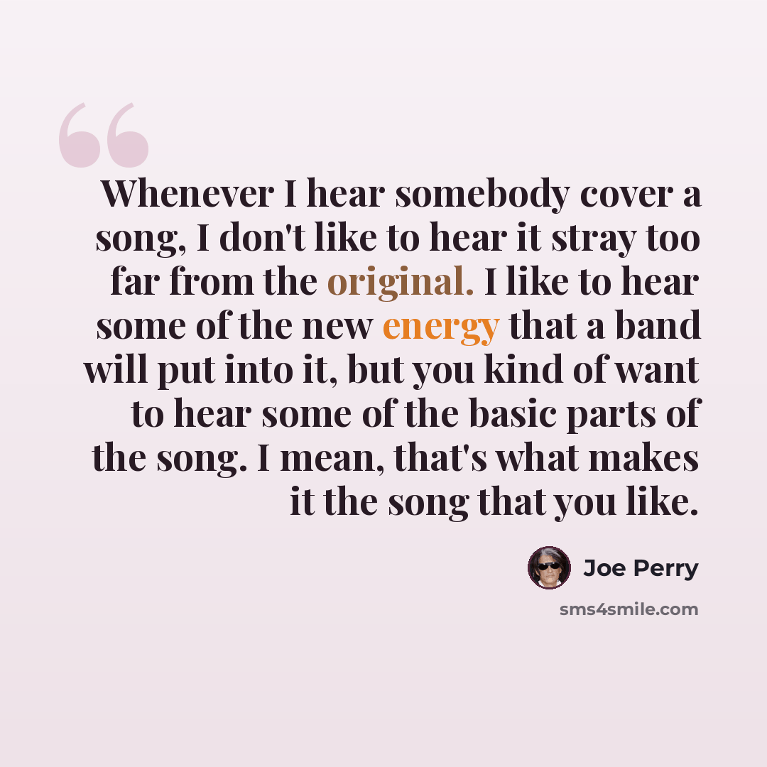 “Whenever I hear somebody cover a song, I don't like to hear it stray too far from the original. I like to hear some of the new energy that a band will put into it, but you kind of want to hear some of the basic parts of the song. I mean, that's what makes it the song that you like.” quote by Joe Perry