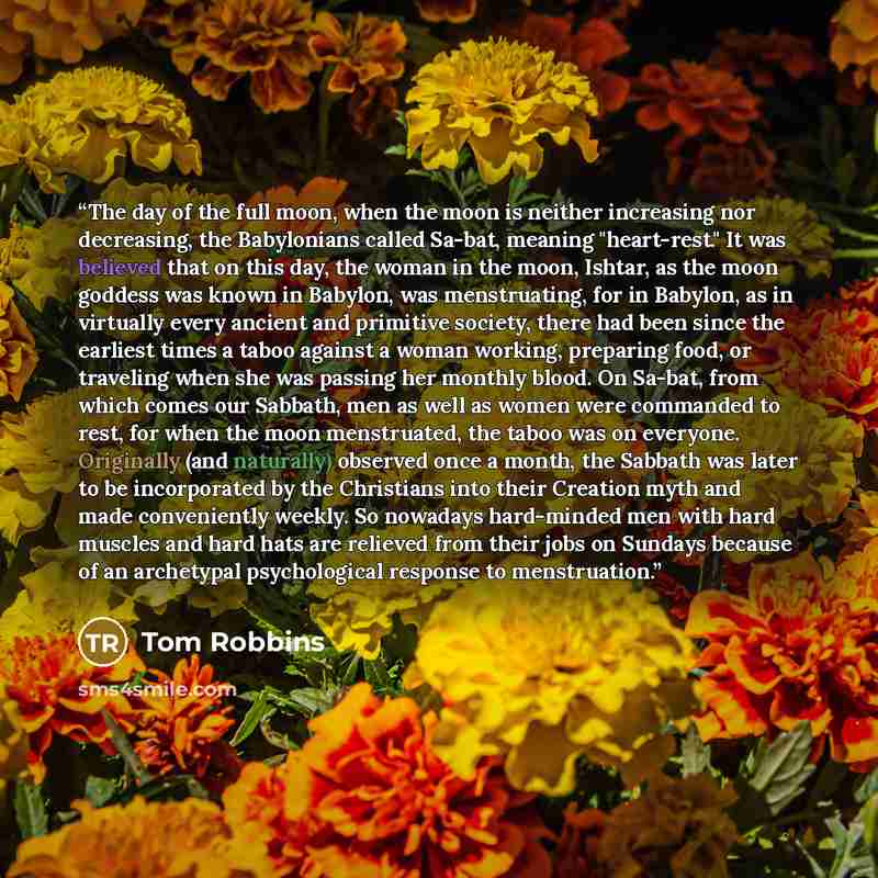 “The day of the full moon, when the moon is neither increasing nor decreasing, the Babylonians called Sa-bat, meaning "heart-rest." It was believed that on this day, the woman in the moon, Ishtar, as the moon goddess was known in Babylon, was menstruating, for in Babylon, as in virtually every…” quote by Tom Robbins