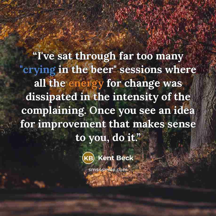 “I've sat through far too many "crying in the beer" sessions where all the energy for change was dissipated in the intensity of the complaining. Once you see an idea for improvement that makes sense to you, do it.” quote by Kent Beck