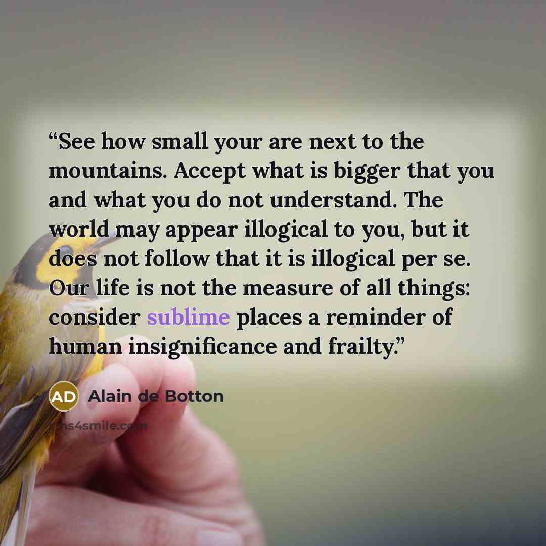 “See how small your are next to the mountains. Accept what is bigger that you and what you do not understand. The world may appear illogical to you, but it does not follow that it is illogical per se. Our life is not the measure of all things: consider sublime places a reminder of human…” quote by Alain de Botton