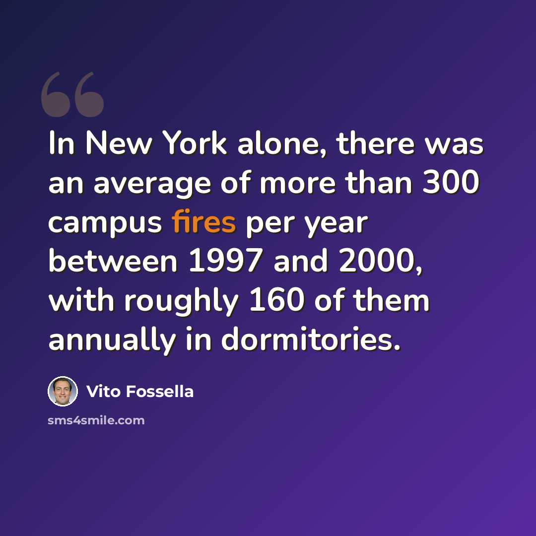“In New York alone, there was an average of more than 300 campus fires per year between 1997 and 2000, with roughly 160 of them annually in dormitories.” quote by Vito Fossella