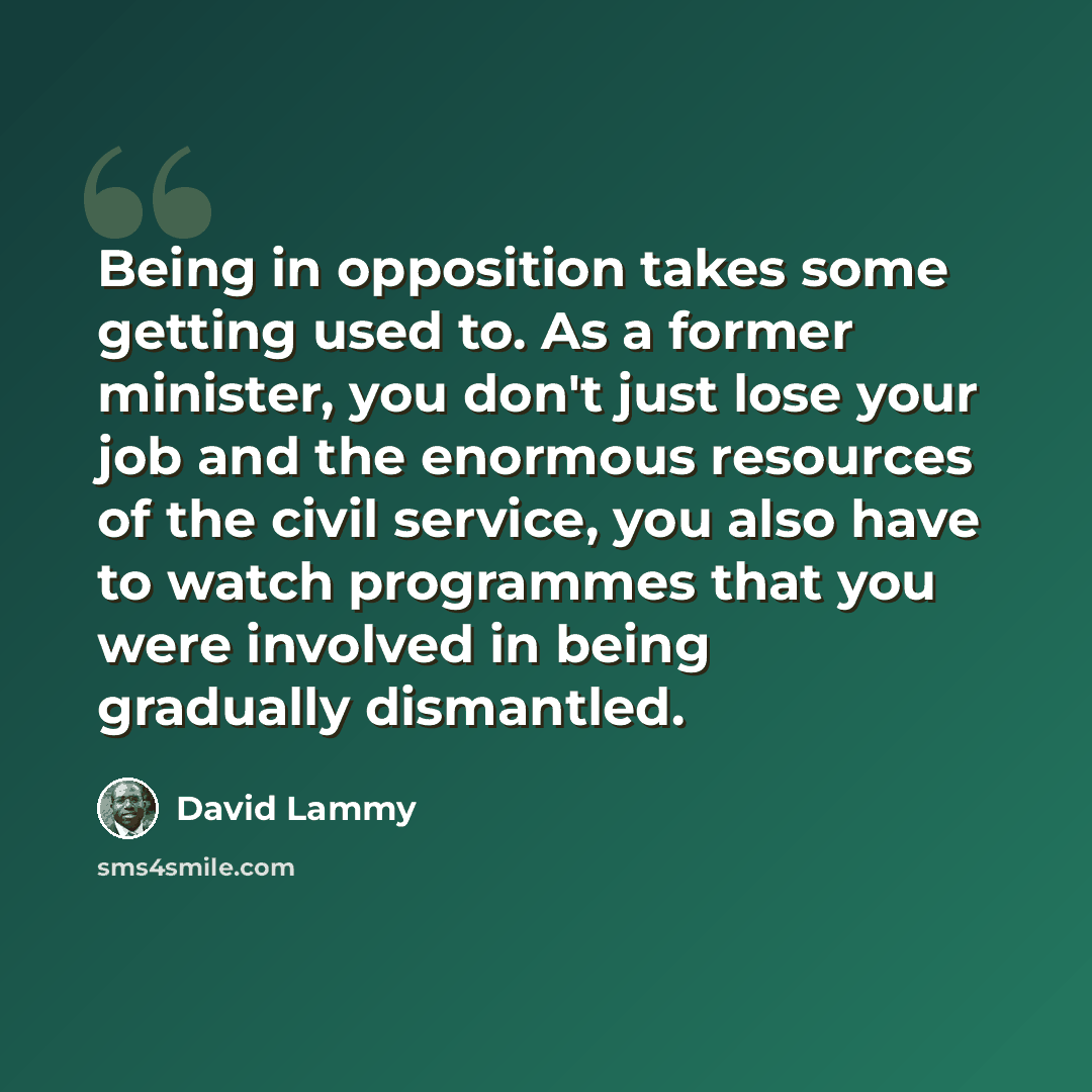 “Being in opposition takes some getting used to. As a former minister, you don't just lose your job and the enormous resources of the civil service, you also have to watch programmes that you were involved in being gradually dismantled.” quote by David Lammy