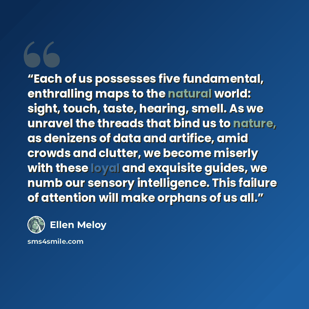 “Each of us possesses five fundamental, enthralling maps to the natural world: sight, touch, taste, hearing, smell. As we unravel the threads that bind us to nature, as denizens of data and artifice, amid crowds and clutter, we become miserly with these loyal and exquisite guides, we numb our…” quote by Ellen Meloy
