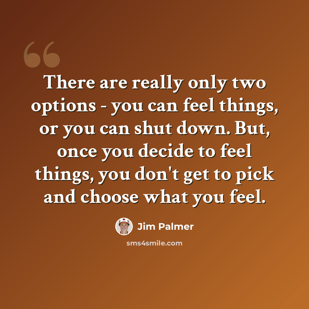 “There are really only two options - you can feel things, or you can shut down. But, once you decide to feel things, you don't get to pick and choose what you feel.” quote by Jim Palmer