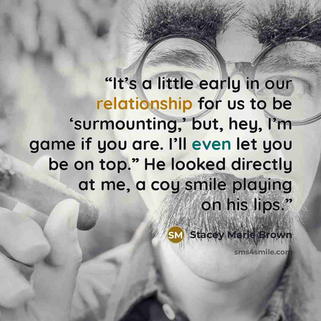 “It’s a little early in our relationship for us to be ‘surmounting,’ but, hey, I’m game if you are. I’ll even let you be on top.” He looked directly at me, a coy smile playing on his lips.” quote by Stacey Marie Brown