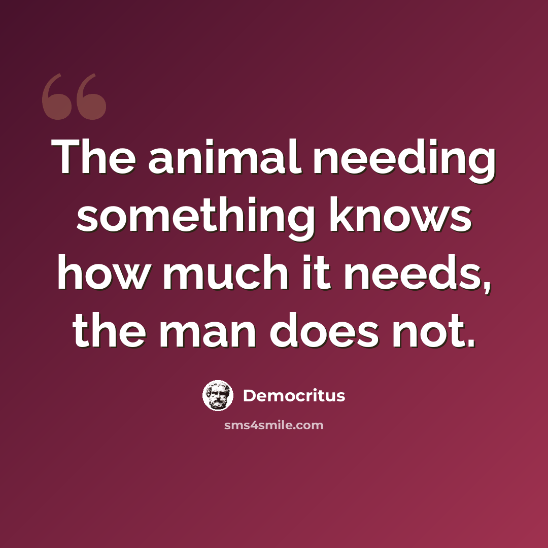 “The animal needing something knows how much it needs, the man does not.” quote by Democritus