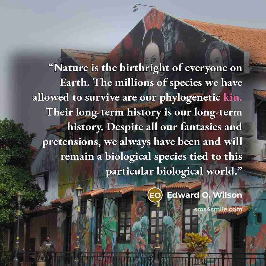 “Nature is the birthright of everyone on Earth. The millions of species we have allowed to survive are our phylogenetic kin. Their long-term history is our long-term history. Despite all our fantasies and pretensions, we always have been and will remain a biological species tied to this particular…” quote by Edward O. Wilson