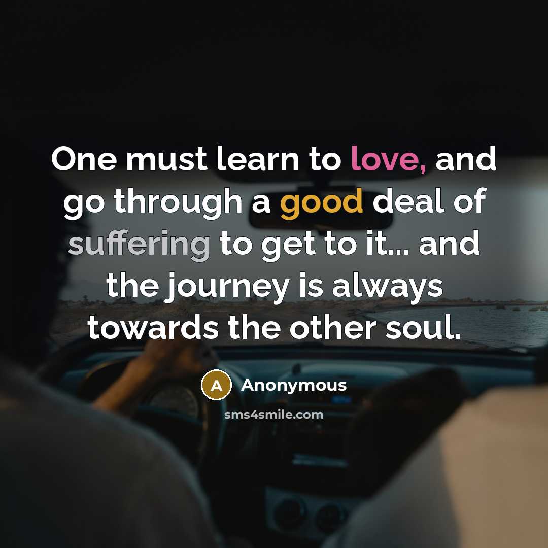 “One must learn to love, and go through a good deal of suffering to get to it... and the journey is always towards the other soul.” quote by Anonymous