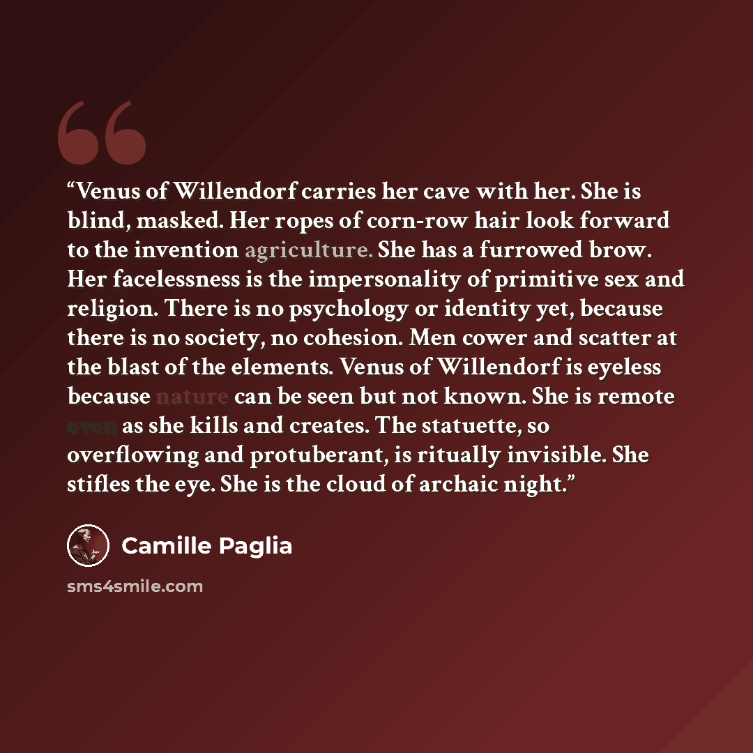 “Venus of Willendorf carries her cave with her. She is blind, masked. Her ropes of corn-row hair look forward to the invention agriculture. She has a furrowed brow. Her facelessness is the impersonality of primitive sex and religion. There is no psychology or identity yet, because there is no…” quote by Camille Paglia