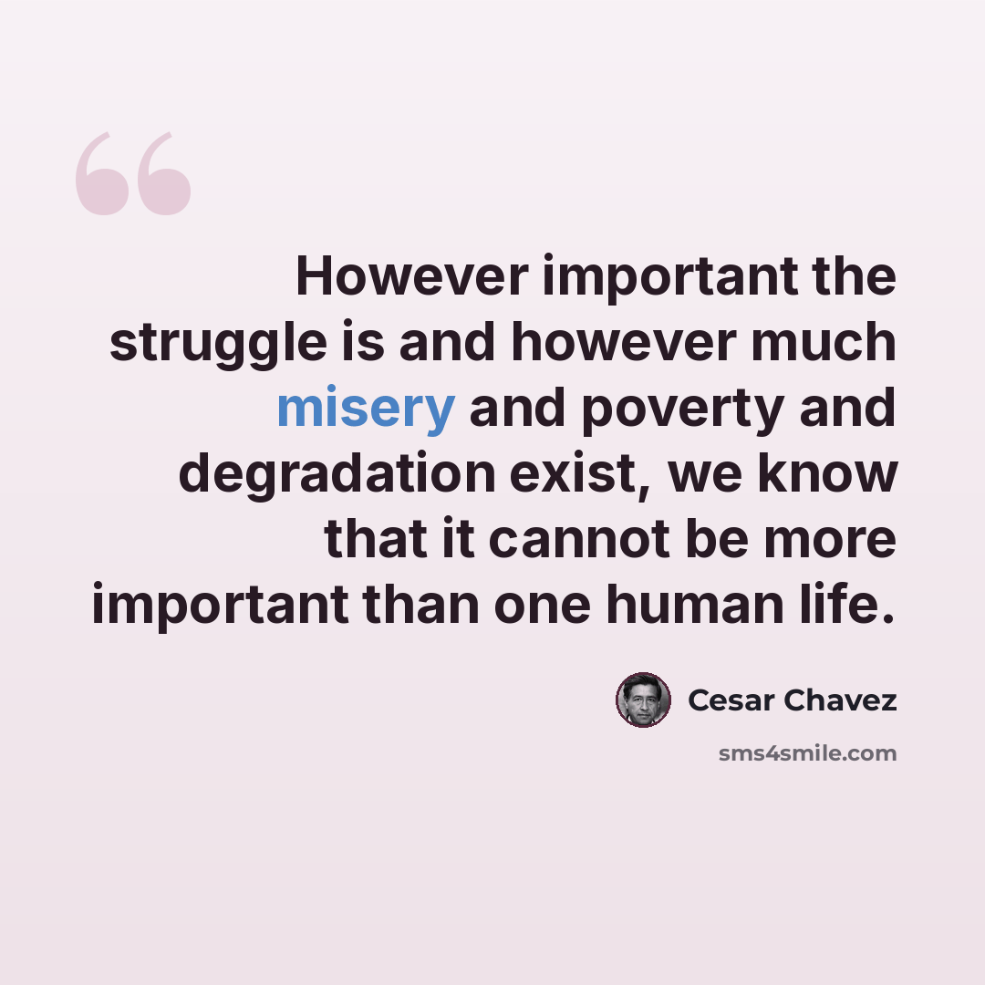 “However important the struggle is and however much misery and poverty and degradation exist, we know that it cannot be more important than one human life.” quote by Cesar Chavez