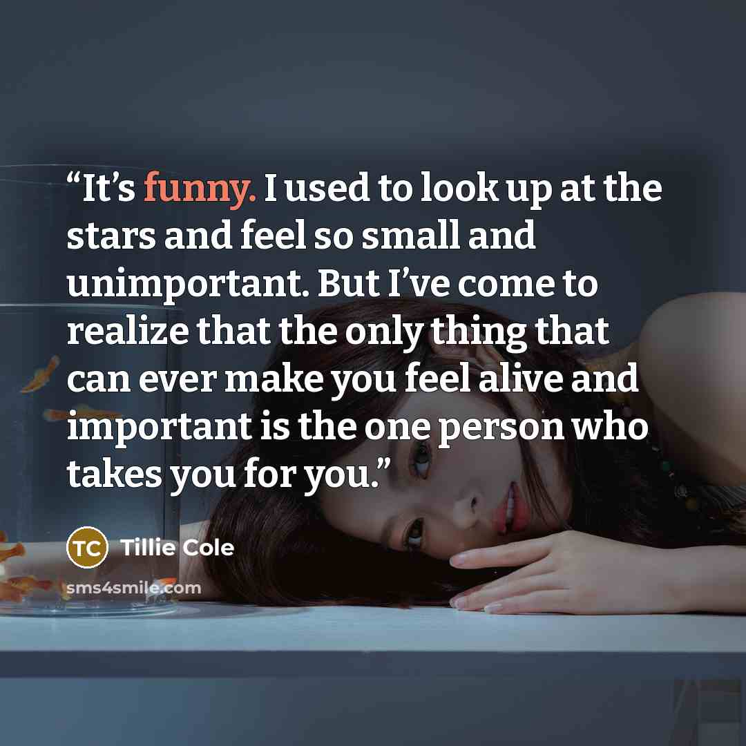 “It’s funny. I used to look up at the stars and feel so small and unimportant. But I’ve come to realize that the only thing that can ever make you feel alive and important is the one person who takes you for you.” quote by Tillie Cole