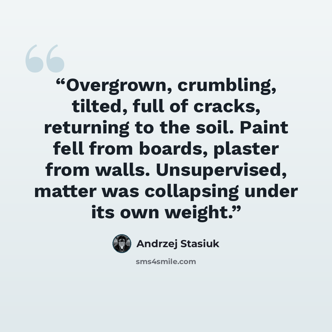 “Overgrown, crumbling, tilted, full of cracks, returning to the soil. Paint fell from boards, plaster from walls. Unsupervised, matter was collapsing under its own weight.” quote by Andrzej Stasiuk