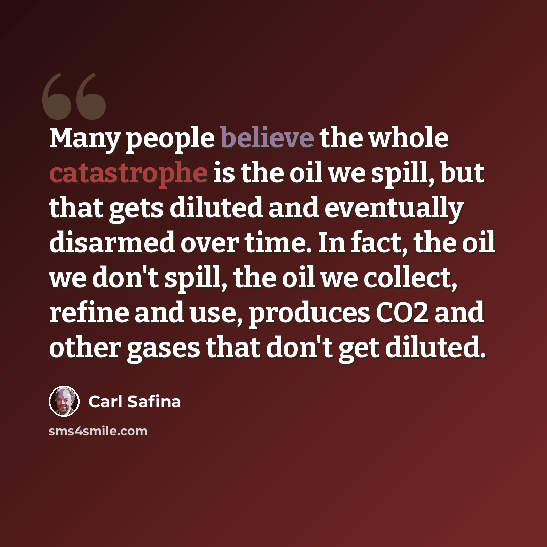 “Many people believe the whole catastrophe is the oil we spill, but that gets diluted and eventually disarmed over time. In fact, the oil we don't spill, the oil we collect, refine and use, produces CO2 and other gases that don't get diluted.” quote by Carl Safina