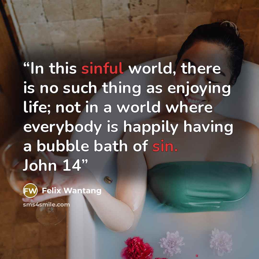 “In this sinful world, there is no such thing as enjoying life; not in a world where everybody is happily having a bubble bath of sin. John 14” quote by Felix Wantang