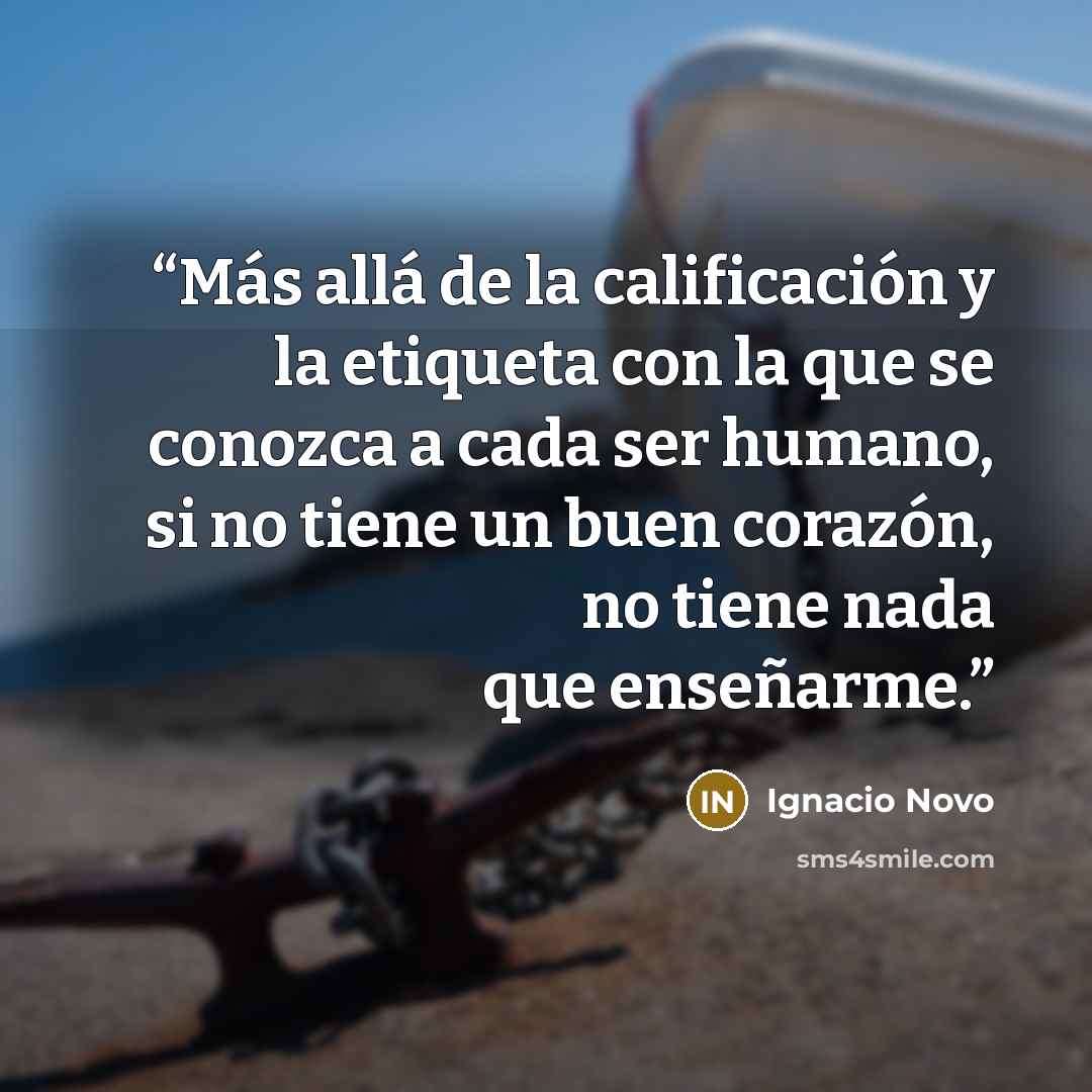 “Más allá de la calificación y la etiqueta con la que se conozca a cada ser humano, si no tiene un buen corazón, no tiene nada que enseñarme.” quote by Ignacio Novo
