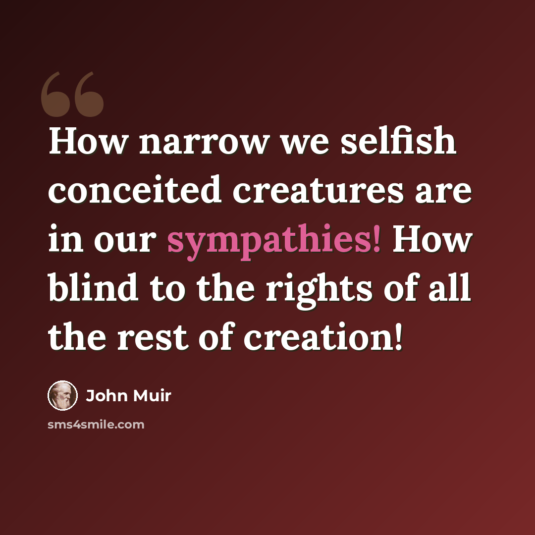 “How narrow we selfish conceited creatures are in our sympathies! How blind to the rights of all the rest of creation!” quote by John Muir