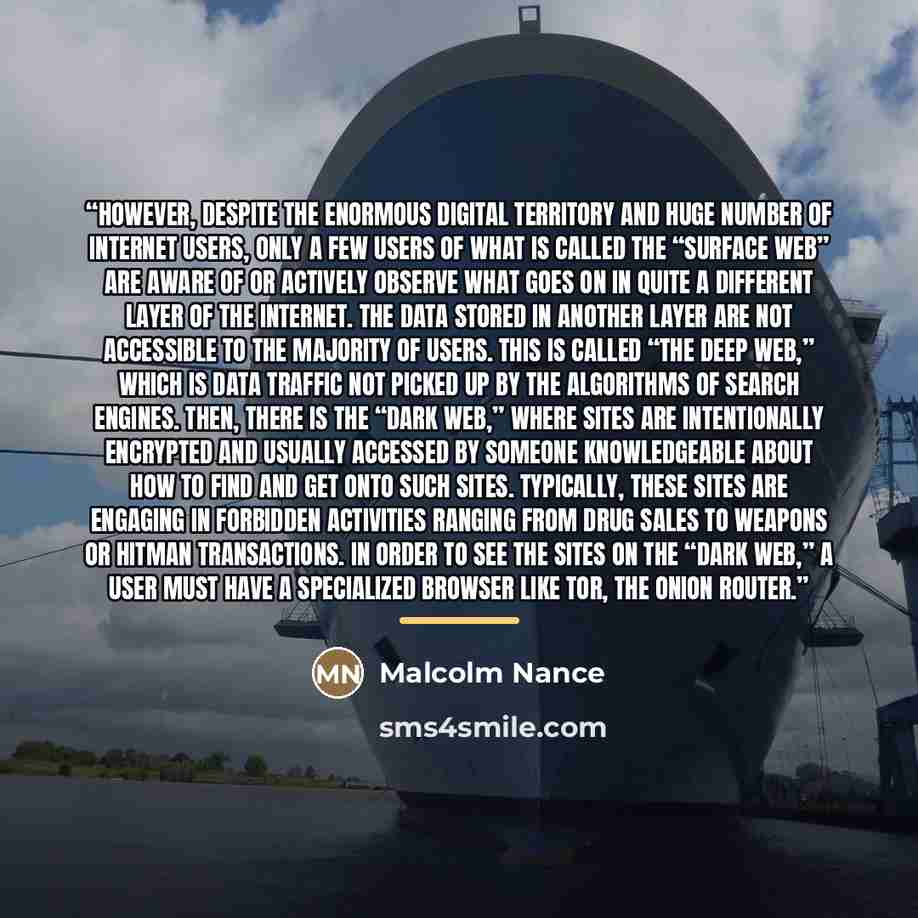“However, despite the enormous digital territory and huge number of Internet users, only a few users of what is called the “Surface Web” are aware of or actively observe what goes on in quite a different layer of the Internet. The data stored in another layer are not accessible to the majority of…” quote by Malcolm Nance