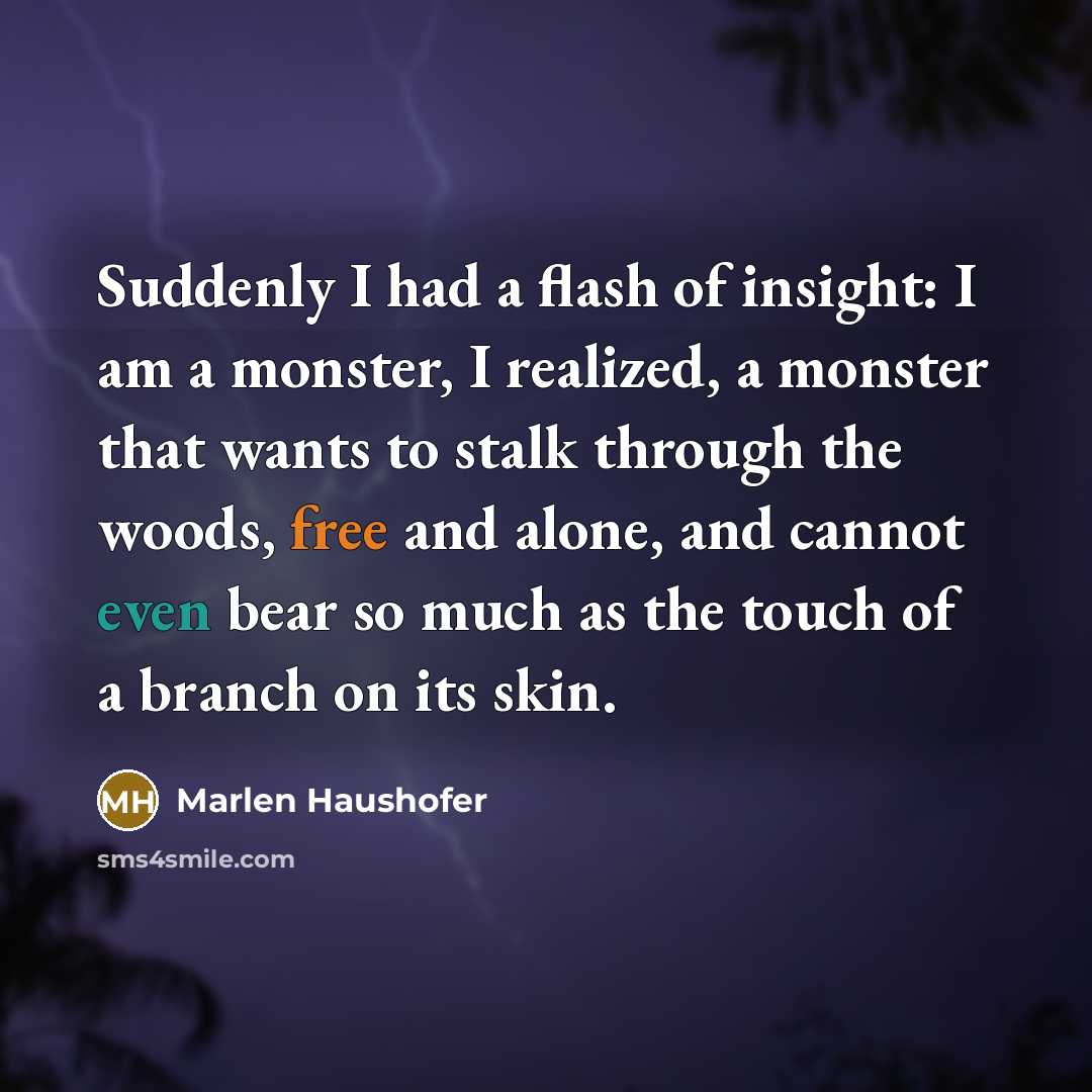 “Suddenly I had a flash of insight: I am a monster, I realized, a monster that wants to stalk through the woods, free and alone, and cannot even bear so much as the touch of a branch on its skin.” quote by Marlen Haushofer