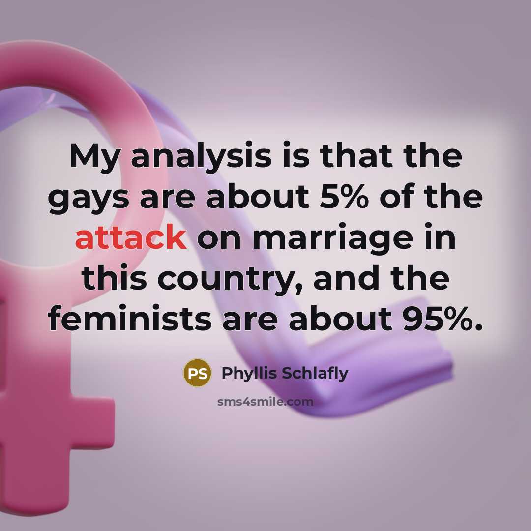 “My analysis is that the gays are about 5% of the attack on marriage in this country, and the feminists are about 95%.” quote by Phyllis Schlafly