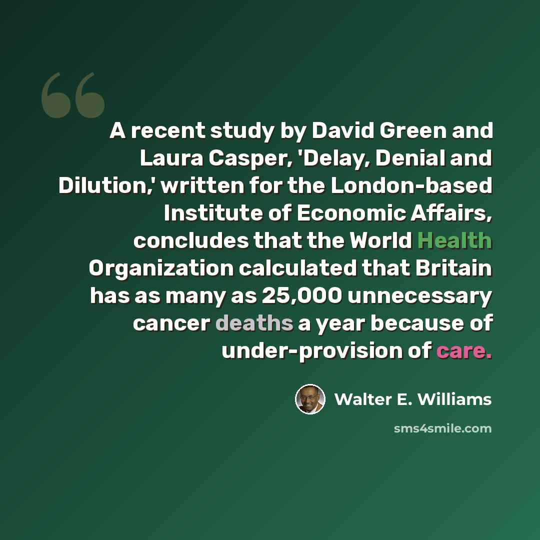 “A recent study by David Green and Laura Casper, 'Delay, Denial and Dilution,' written for the London-based Institute of Economic Affairs, concludes that the World Health Organization calculated that Britain has as many as 25,000 unnecessary cancer deaths a year because of under-provision of care.” quote by Walter E. Williams