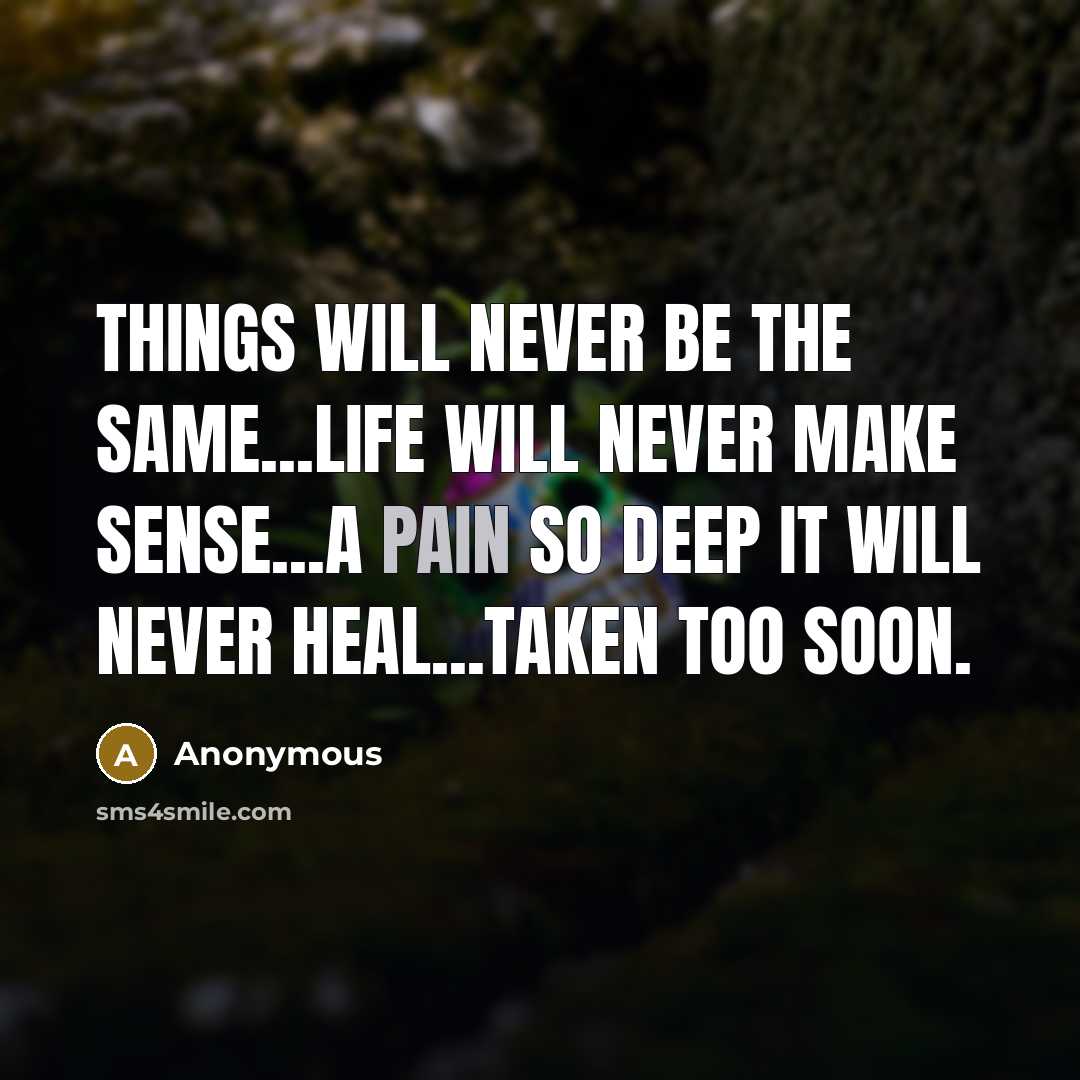 “Things will never be the same...life will never make sense...A pain so deep it will never heal...Taken too soon.” quote by Anonymous