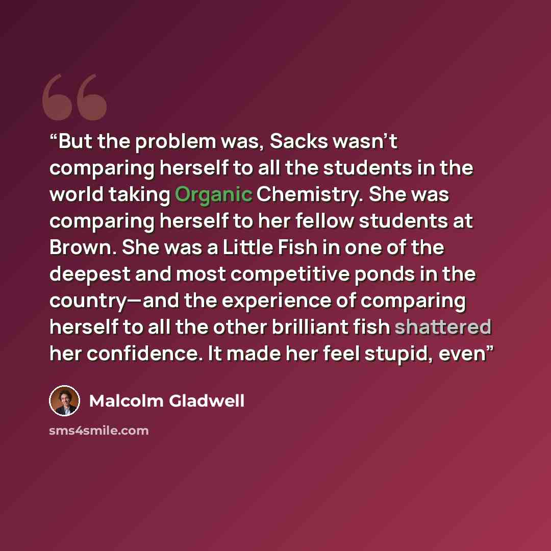 “But the problem was, Sacks wasn’t comparing herself to all the students in the world taking Organic Chemistry. She was comparing herself to her fellow students at Brown. She was a Little Fish in one of the deepest and most competitive ponds in the country—and the experience of comparing herself to…” quote by Malcolm Gladwell