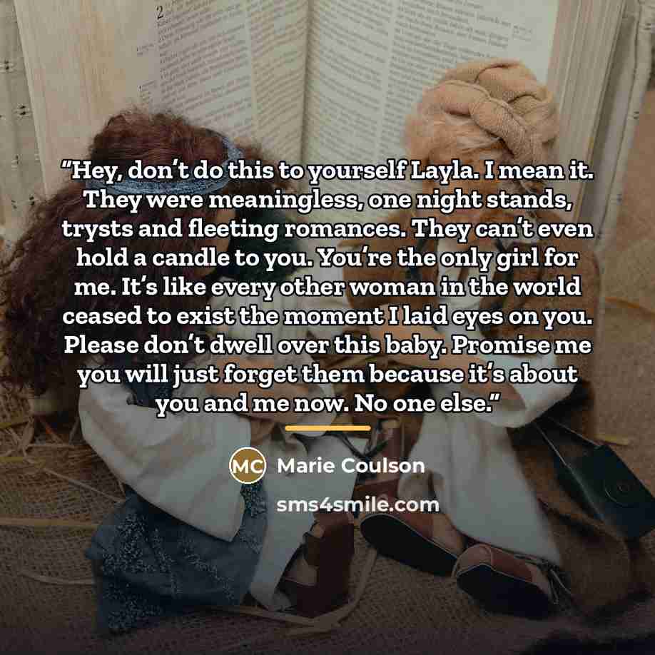 “Hey, don’t do this to yourself Layla. I mean it. They were meaningless, one night stands, trysts and fleeting romances. They can’t even hold a candle to you. You’re the only girl for me. It’s like every other woman in the world ceased to exist the moment I laid eyes on you. Please don’t dwell over…” quote by Marie Coulson