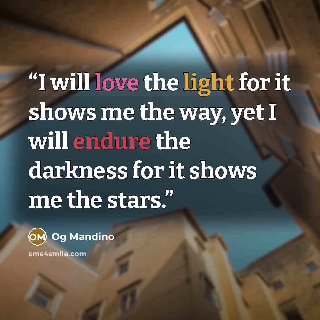 “I will love the light for it shows me the way, yet I will endure the darkness for it shows me the stars.” quote by Og Mandino