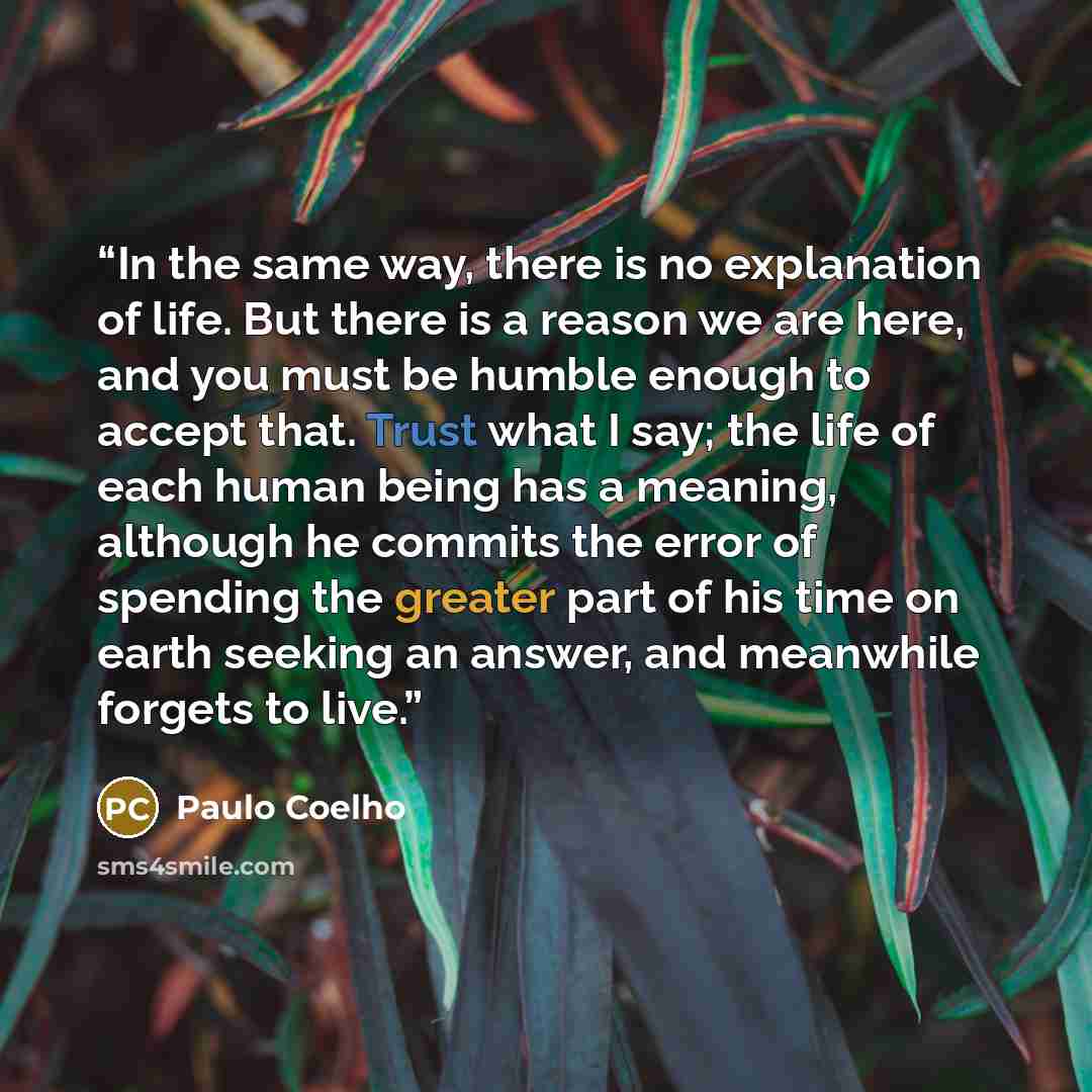 “In the same way, there is no explanation of life. But there is a reason we are here, and you must be humble enough to accept that. Trust what I say; the life of each human being has a meaning, although he commits the error of spending the greater part of his time on earth seeking an answer, and…” quote by Paulo Coelho