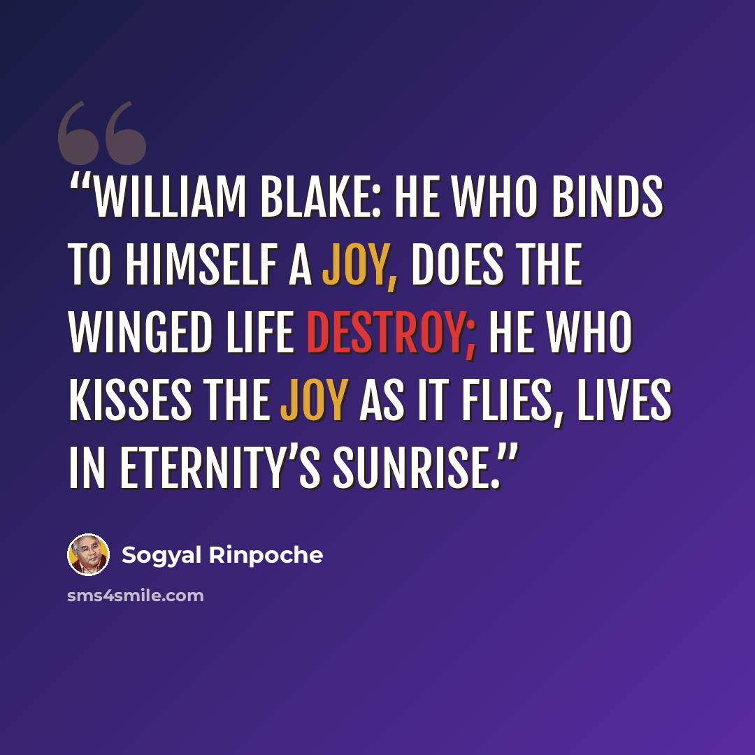 “William Blake: He who binds to himself a Joy, Does the winged life destroy; He who kisses the Joy as it flies, Lives in Eternity’s sunrise.” quote by Sogyal Rinpoche