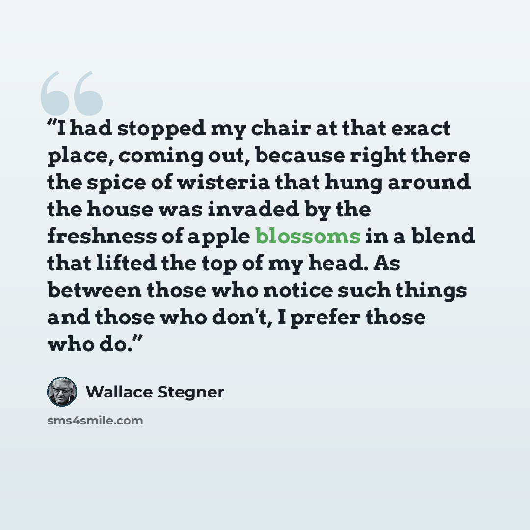 “I had stopped my chair at that exact place, coming out, because right there the spice of wisteria that hung around the house was invaded by the freshness of apple blossoms in a blend that lifted the top of my head. As between those who notice such things and those who don't, I prefer those who do.” quote by Wallace Stegner