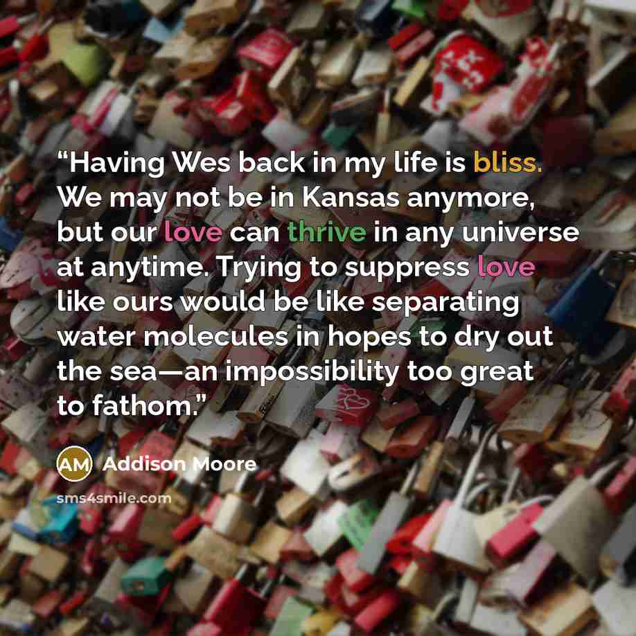 “Having Wes back in my life is bliss. We may not be in Kansas anymore, but our love can thrive in any universe at anytime. Trying to suppress love like ours would be like separating water molecules in hopes to dry out the sea—an impossibility too great to fathom.” quote by Addison Moore