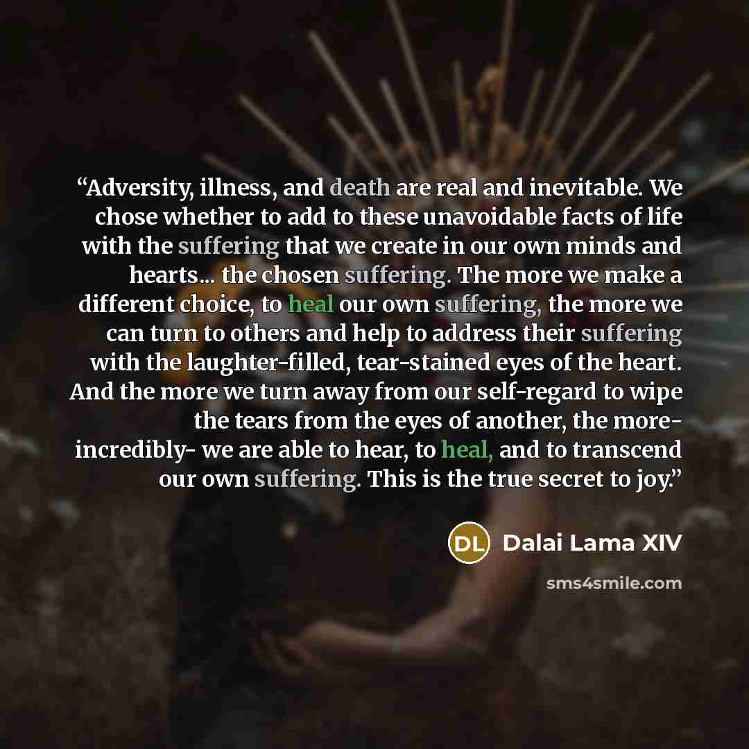 “Adversity, illness, and death are real and inevitable. We chose whether to add to these unavoidable facts of life with the suffering that we create in our own minds and hearts... the chosen suffering. The more we make a different choice, to heal our own suffering, the more we can turn to others…” quote by Dalai Lama XIV