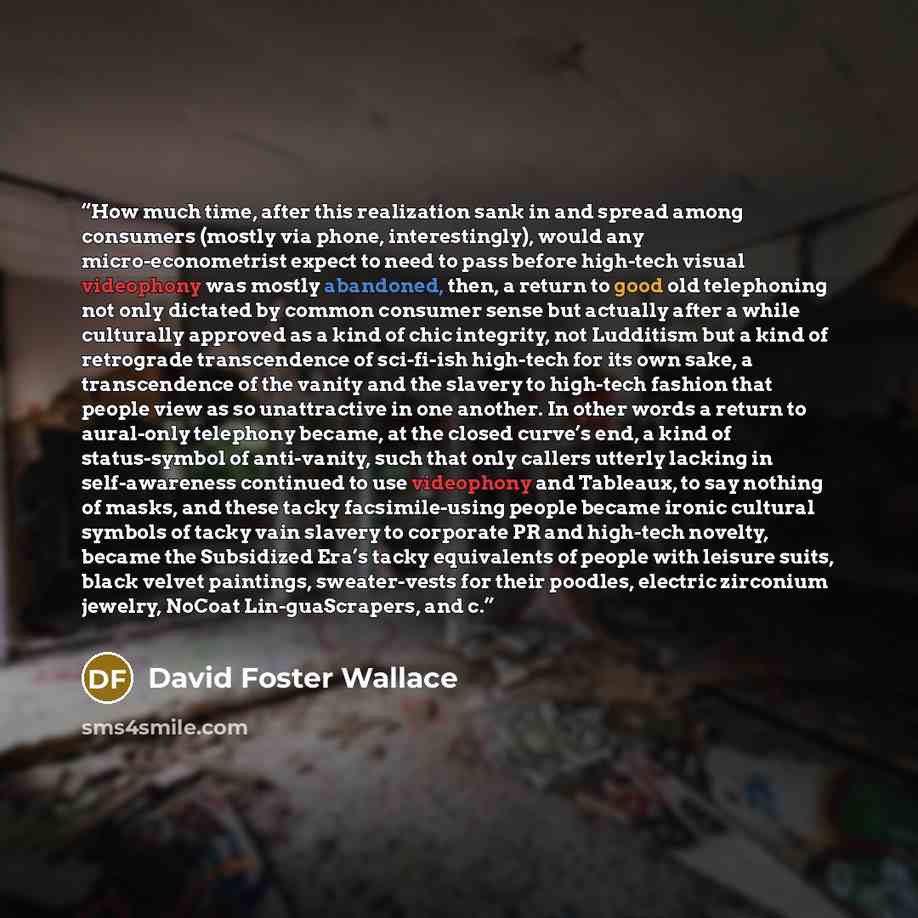 “How much time, after this realization sank in and spread among consumers (mostly via phone, interestingly), would any micro-econometrist expect to need to pass before high-tech visual videophony was mostly abandoned, then, a return to good old telephoning not only dictated by common consumer sense…” quote by David Foster Wallace