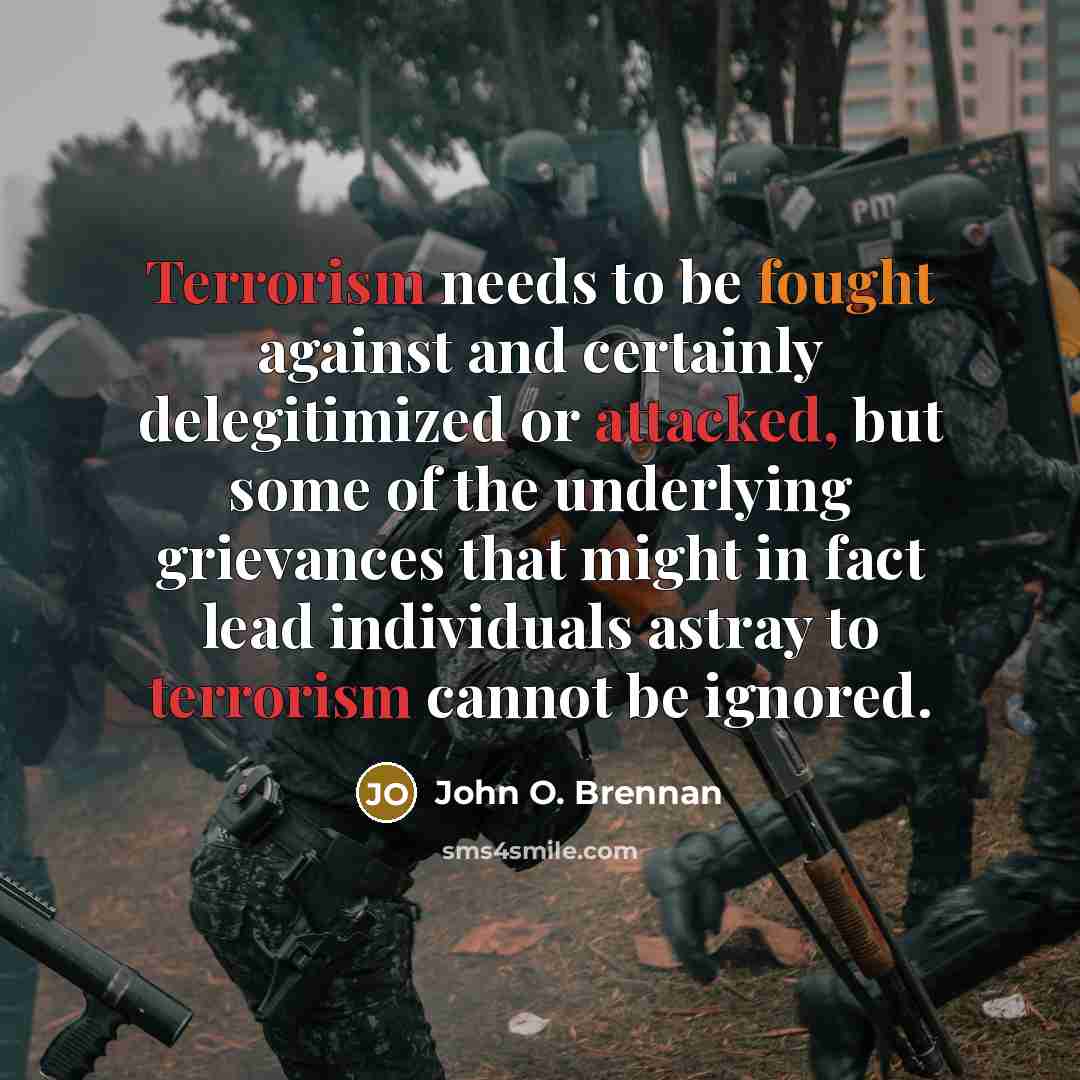 “Terrorism needs to be fought against and certainly delegitimized or attacked, but some of the underlying grievances that might in fact lead individuals astray to terrorism cannot be ignored.” quote by John O. Brennan