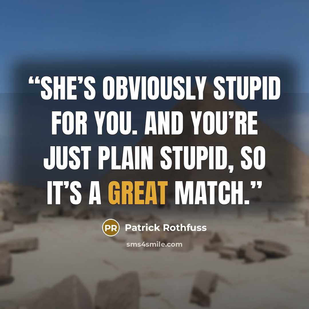 “She’s obviously stupid for you. And you’re just plain stupid, so it’s a great match.” quote by Patrick Rothfuss