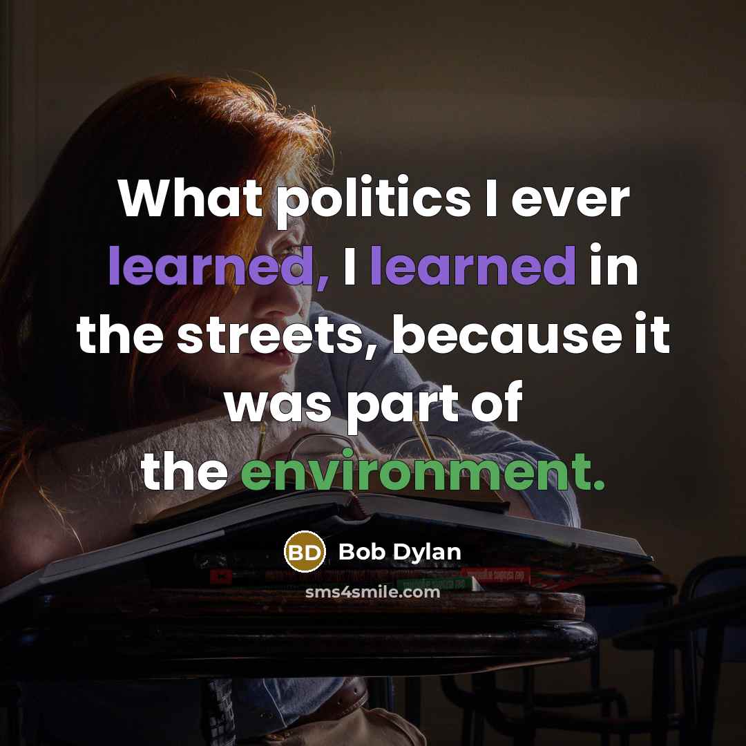 “What politics I ever learned, I learned in the streets, because it was part of the environment.” quote by Bob Dylan